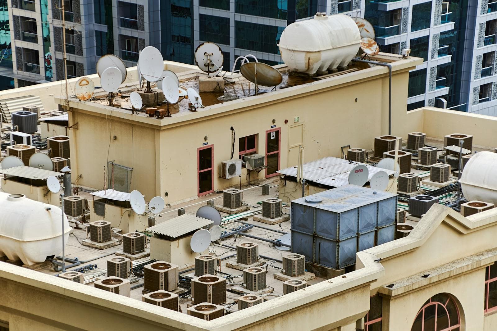 Commercial rooftop with TPO membrane system and HVAC units